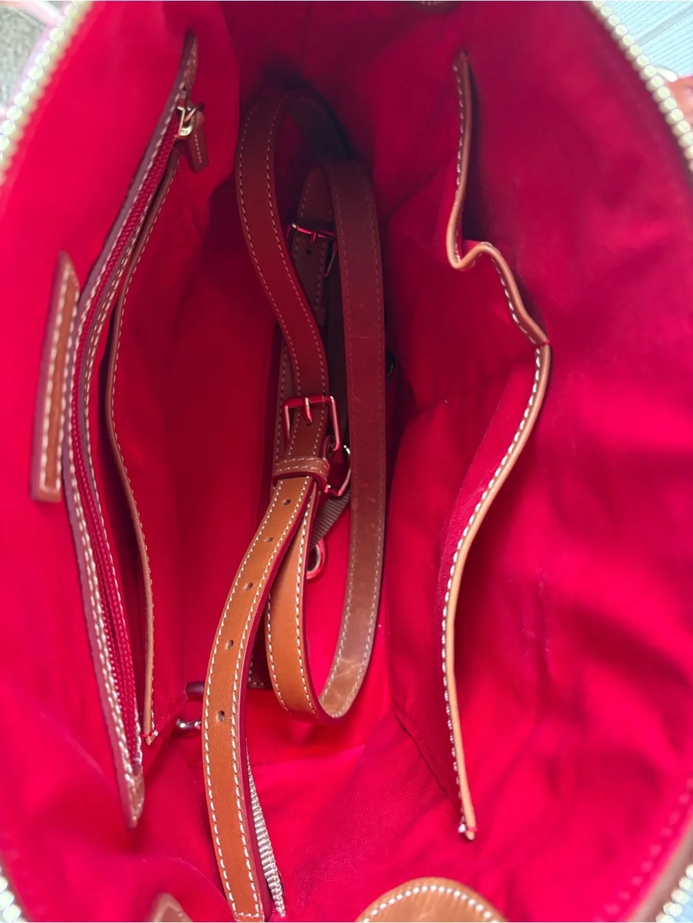 Dooney & Bourke Red and White Striped Satchel with Brown Trim